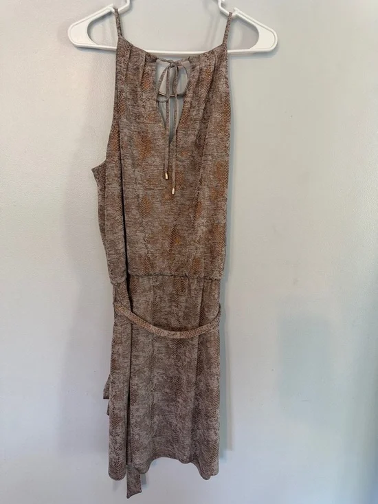 White House Black Market Taupe Brown/Copper Printed Tie-Waist Mini Dress - Picture 5 of 5